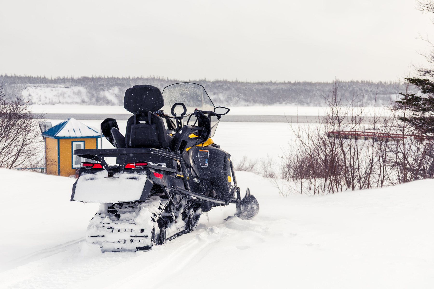 Motoneige dans un paysage enneigé du Québec